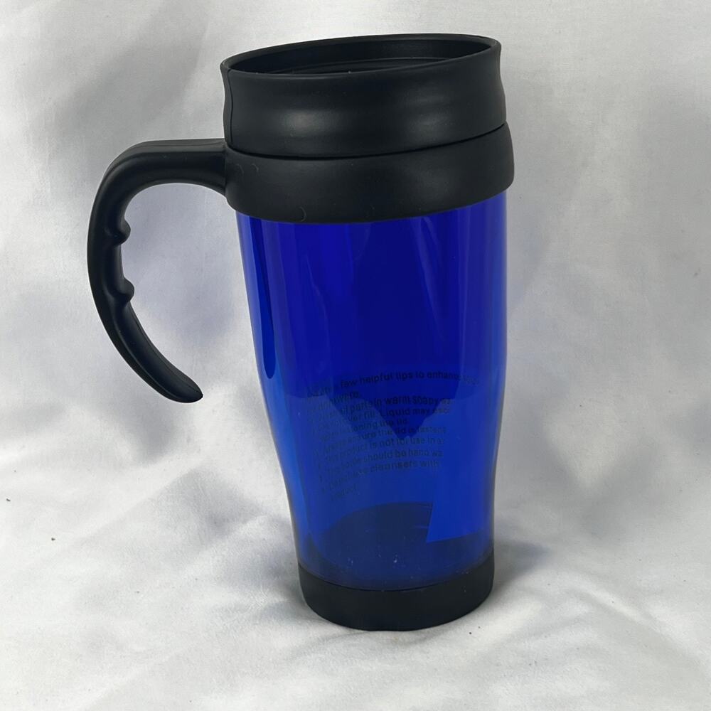 Blue Insulated Travel Mug Black Handle Lid Reusable Coffee Tumbler 14oz New